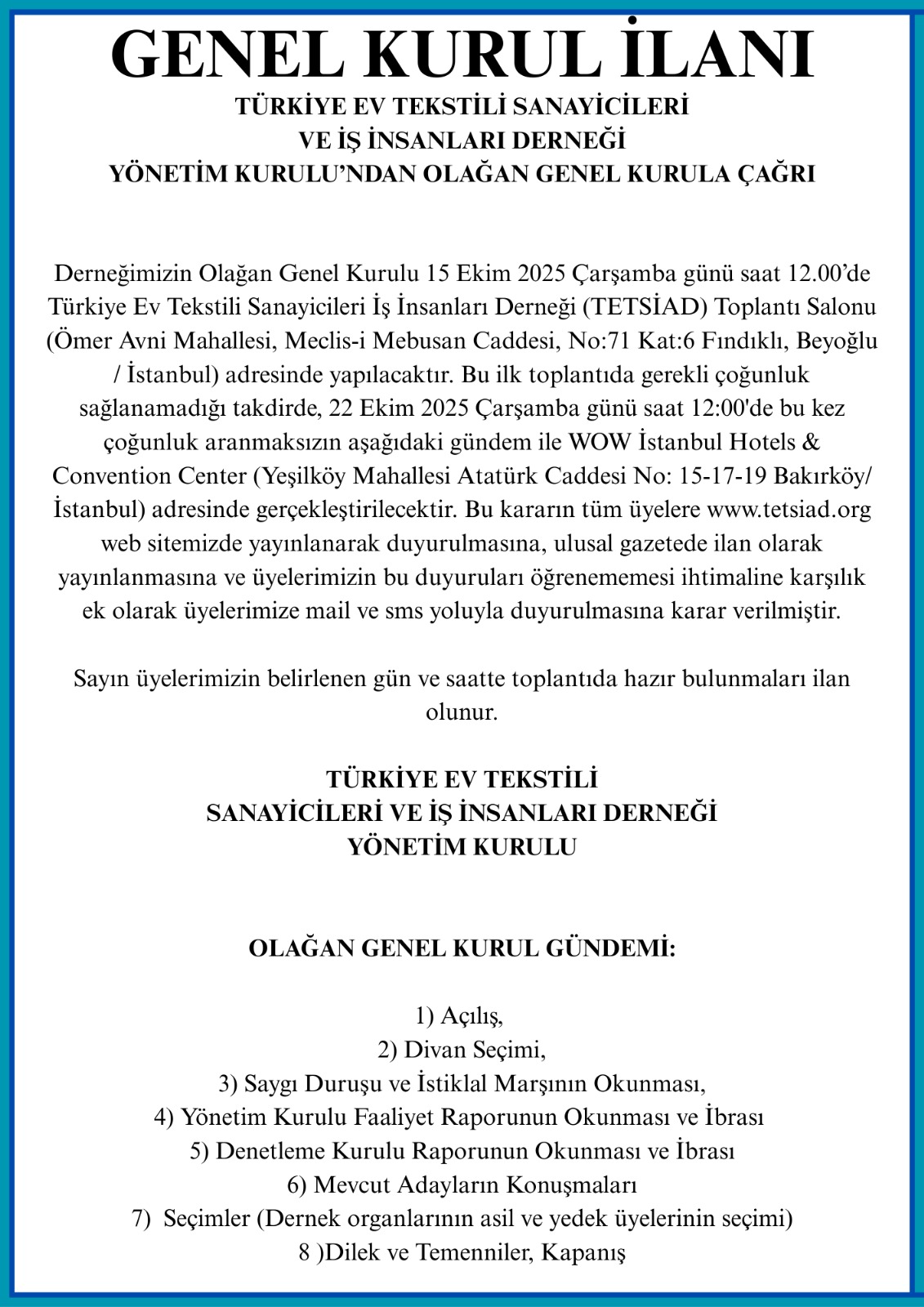 Tetsiad Genel Kurul İlanı